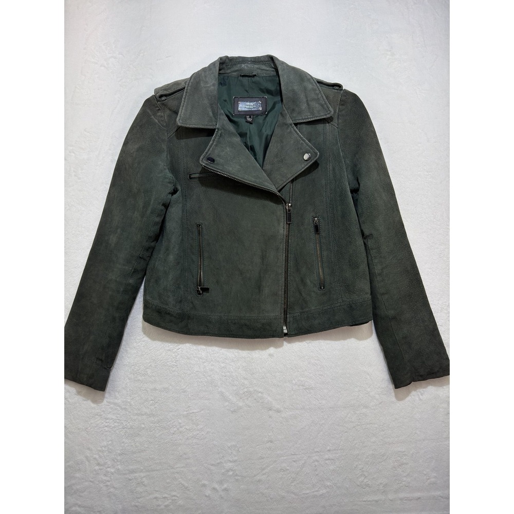 MNG Jacket Womens Medium Green Suede Moto Biker Short Lined Asym Zip Pockets